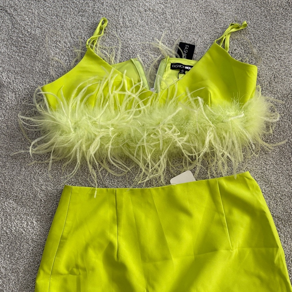 Asymmetrical Lime Green Feathered Dress - Picture 3 of 5